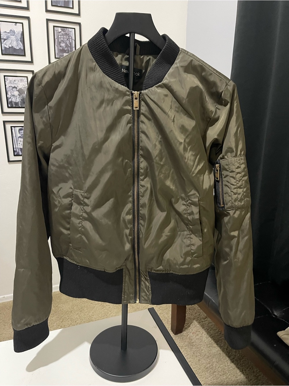 New Look Olive Green Bomber Jacket with Black Trim